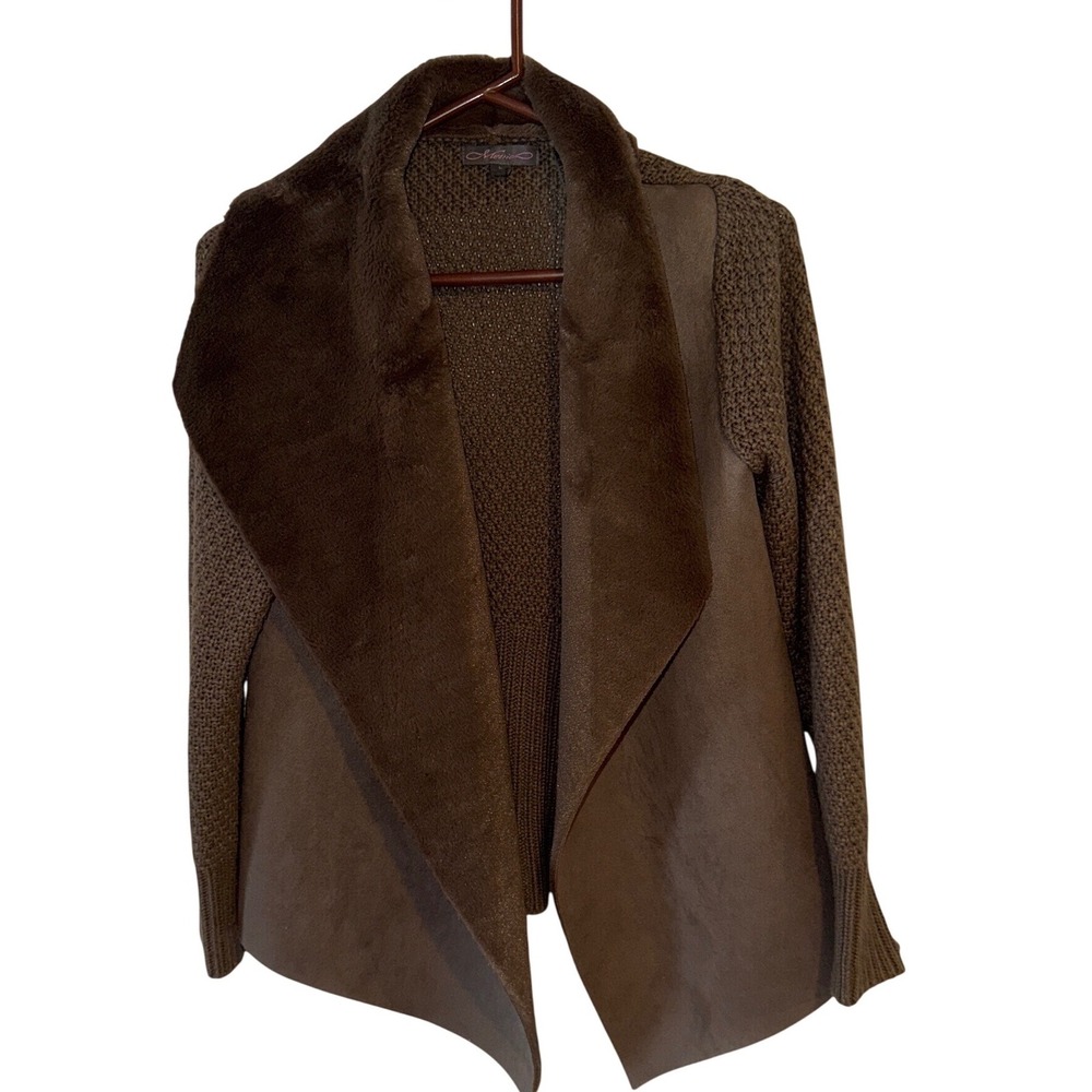 Metric Womens Brown Faux Shearling Knit Open Front Cardigan Shawl Collar Large